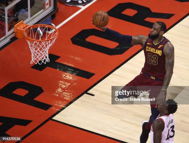 Cleveland Cavaliers forward LeBron James lays in a shot as the Toronto Raptors play the Cleveland Cavaliers in the second round of the NBA playoffs...