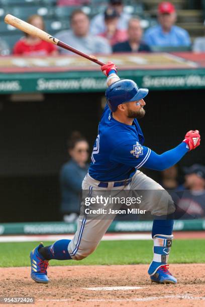 Kevin Pillar of the Toronto Blue Jays hits an RBI double during the eighth inning against the Cleveland Indians at Progressive Field on May 3, 2018...