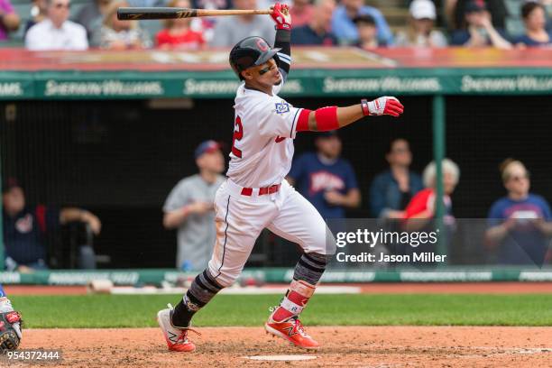Francisco Lindor of the Cleveland Indians hits a three-run home run during the fourth inning against the Toronto Blue Jays at Progressive Field on...