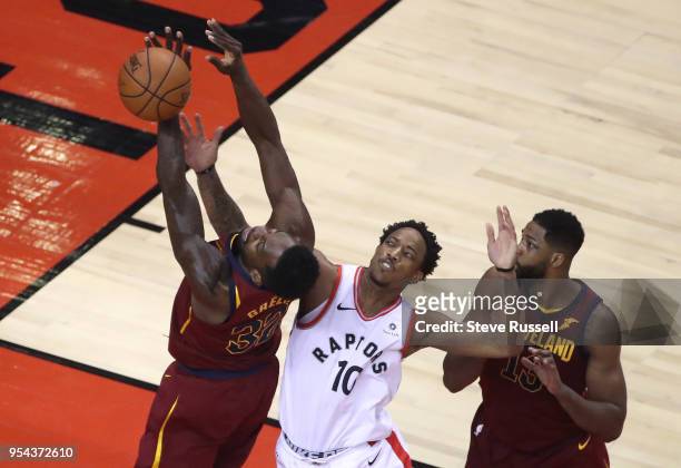 Toronto Raptors guard DeMar DeRozan fouls Cleveland Cavaliers forward Jeff Green as the Toronto Raptors play the Cleveland Cavaliers in the second...
