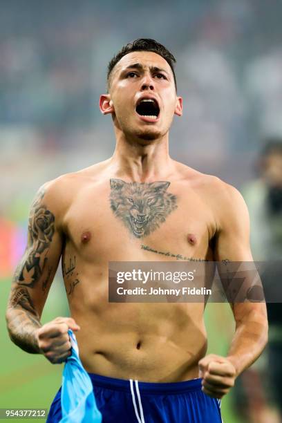 Lucas Ocampos of Marseille celebrates the victory during the Semi Final Second Leg Europa League match between RB Salzburg and Marseille at Red Bull...