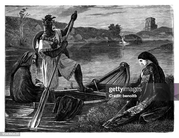 king arthur on boat with merlin going to retrieve the sword - king arthur stock illustrations