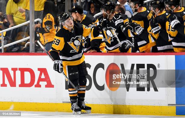Jake Guentzel of the Pittsburgh Penguins celebrates his second period goal against the Washington Capitals in Game Four of the Eastern Conference...