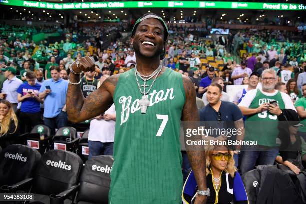 Gucci Mane looks on prior to Game Two of Round Two of the 2018 NBA Playoffs between the Boston Celtics and Philadelphia 76ers on May 3, 2018 at the...