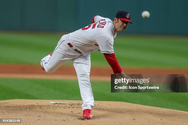 Cleveland pitcher Adam Plutko , making his first career start, delivers a pitch to the plate during the first inning of the Major League Baseball...