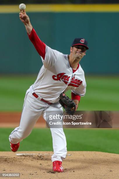 Cleveland pitcher Adam Plutko , making his first career start, delivers a pitch to the plate during the first inning of the Major League Baseball...