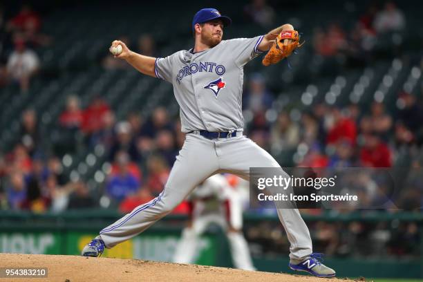 Toronto But Jays pitcher Joe Biagini delivers a pitch to the plate during the first inning of the Major League Baseball game between the Toronto Blue...