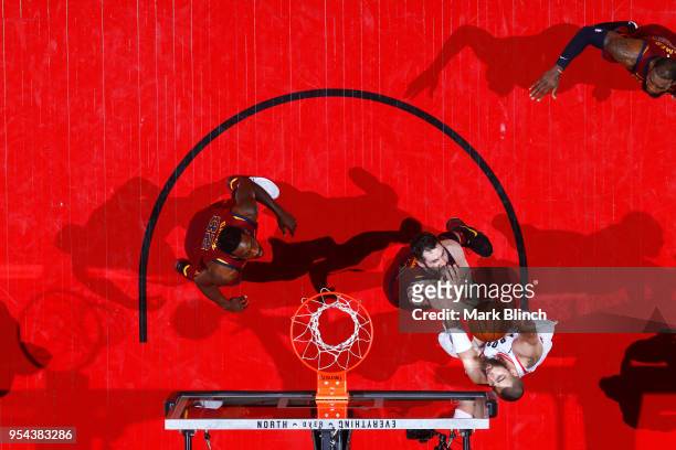 Jonas Valanciunas of the Toronto Raptors goes to the basket against the Cleveland Cavaliers in Game Two of the Eastern Conference Semifinals during...