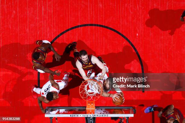 Jonas Valanciunas of the Toronto Raptors grabs the rebound against the Cleveland Cavaliers in Game Two of the Eastern Conference Semifinals during...