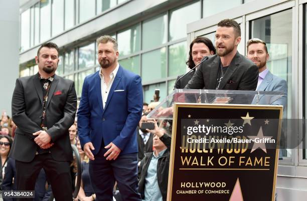 Singers Justin Timberlake, Chris Kirkpatrick, Lance Bass, JC Chasez and Joey Fatone attend the ceremony honoring NSYNC with star on the Hollywood...