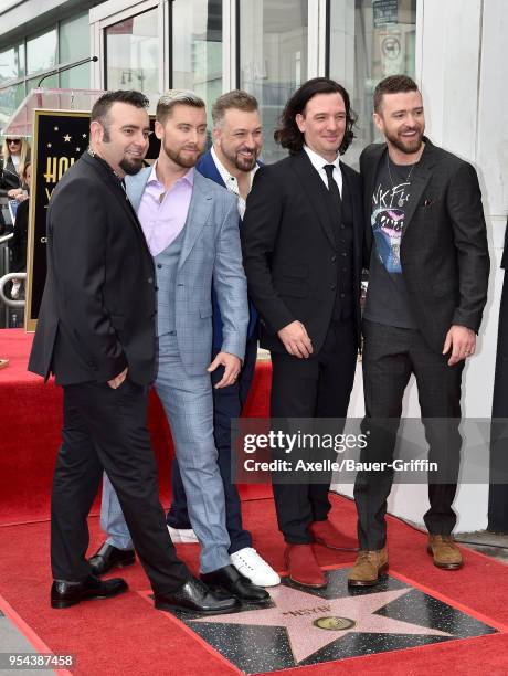 Singers Chris Kirkpatrick, Lance Bass, Joey Fatone, JC Chasez and Justin Timberlake attend the ceremony honoring NSYNC with star on the Hollywood...