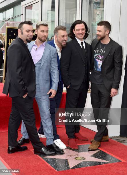 Singers Chris Kirkpatrick, Lance Bass, Joey Fatone, JC Chasez and Justin Timberlake attend the ceremony honoring NSYNC with star on the Hollywood...