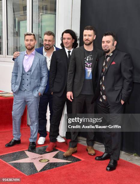 Singers Lance Bass, Joey Fatone, JC Chasez, Justin Timberlake and Chris Kirkpatrick attend the ceremony honoring NSYNC with star on the Hollywood...