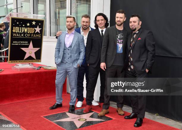 Singers Lance Bass, Joey Fatone, JC Chasez, Justin Timberlake and Chris Kirkpatrick attend the ceremony honoring NSYNC with star on the Hollywood...