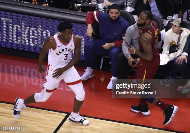 Drake sits quietly after Cleveland Cavaliers forward LeBron James hit for a two pointer as the Toronto Raptors lose game two 128-110 to the Cleveland...