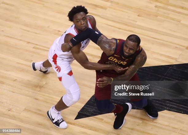 Cleveland Cavaliers forward LeBron James battles past Toronto Raptors forward OG Anunoby as the Toronto Raptors lose game two 128-110 to the...