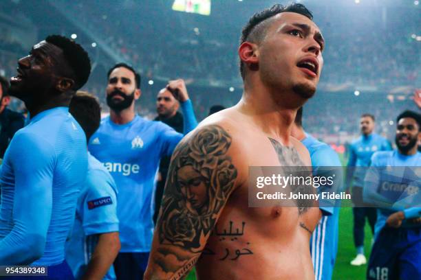 Lucas Ocampos of Marseille celebrates the victory during the Semi Final Second Leg Europa League match between RB Salzburg and Marseille at Red Bull...