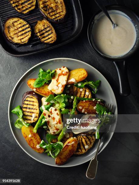healthy roasted vegetable salad - tahini stock pictures, royalty-free photos & images