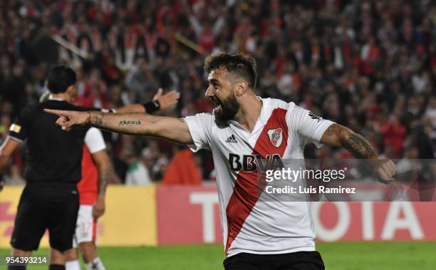 Lucas Pratto of River Plate celebrates after scoring the first goal of his team during a group stage match between Independiente Santa Fe and River...