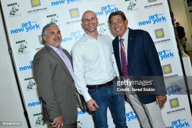 Nick Korniloff, Michael Neuman and Joe Namath attend Art New York on May 3, 2018 at Pier 94 in New York City.