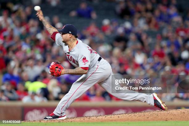 Hector Velazquez of the Boston Red Sox pitches against the Texas Rangers in the bottom of the fourth inning at Globe Life Park in Arlington on May 3,...