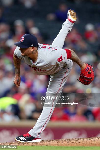 Hector Velazquez of the Boston Red Sox pitches against the Texas Rangers in the bottom of the fourth inning at Globe Life Park in Arlington on May 3,...