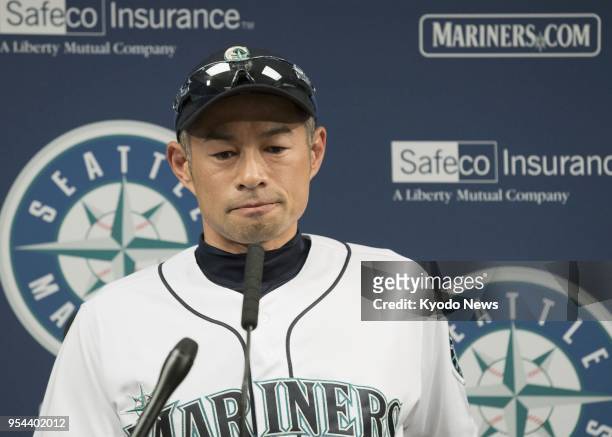 Seattle Mariners outfielder Ichiro Suzuki thinks about an answer during a press conference in Seattle, the United States, on May 3 after the club...