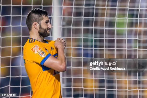 Andre-Pierre Gignac of Tigres celebrates after scoring his team's second goal via penalty during the quarter finals first leg match between Tigres...