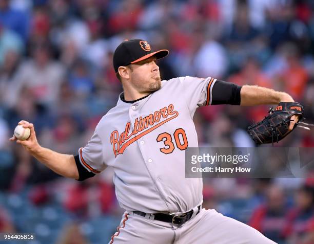 Chris Tillman of the Baltimore Orioles pitches to the Los Angeles Angels during the first inning at Angel Stadium on May 3, 2018 in Anaheim,...