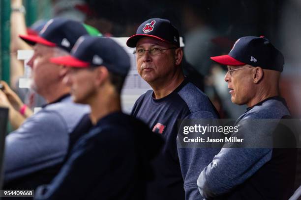Terry Francona of the Cleveland Indians looks on from the dugout during the fifth inning against the Toronto Blue Jays in game two of a doubleheader...