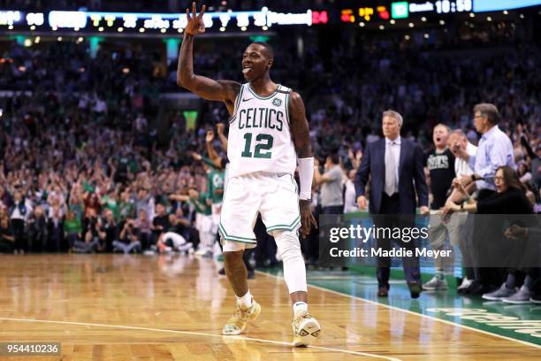 Terry Rozier of the Boston Celtics celebrates after hitting a three point shot against the Philadelphia 76ers during Game Two of the Eastern...