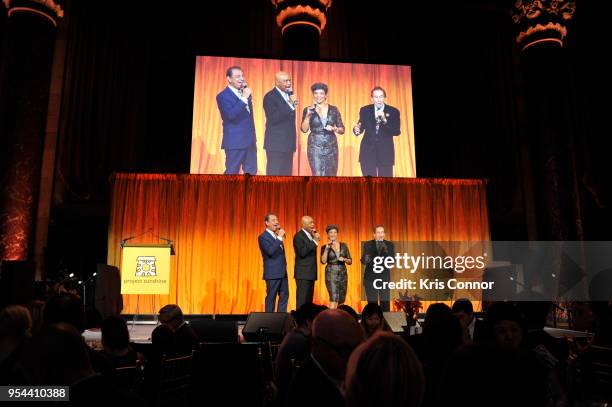 Actors Emilio Delgado, Sonia Manzano, Bob McGrath and Roscoe Orman performs during the Project Sunshine's 15th Annual Benefit Celebration at Cipriani...