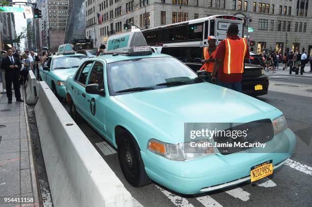 View of a Tiffany blue taxi during the Tiffany & Co. Paper Flowers event and Believe In Dreams campaign launch on May 3, 2018 in New York City.