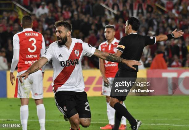 Lucas Pratto of River Plate celebrates after scoring the first goal of his team during a group stage match between Independiente Santa Fe and River...