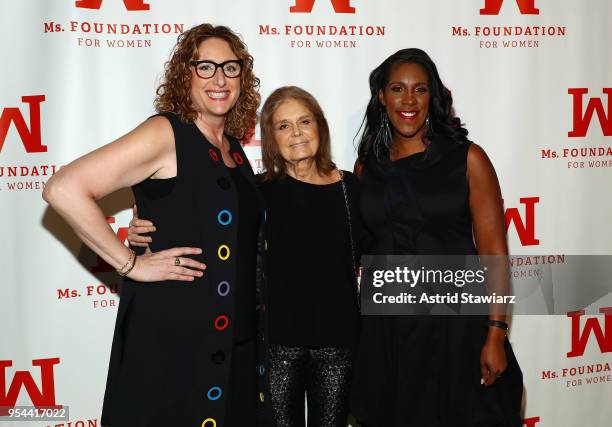 Comedian Judy Gold, Founding Mother Gloria Steinem and President and CEO, Ms. Foundation for Women, Teresa Younger attends the Ms. Foundation 30th...