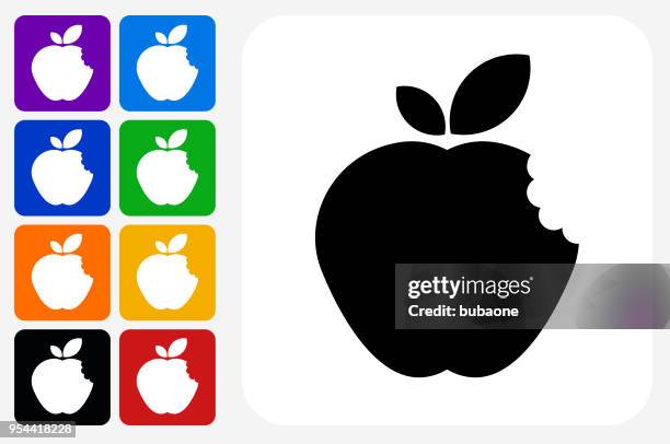 bitten apple icon square button set - missing bite stock illustrations