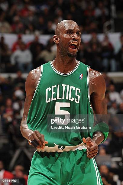 Kevin Garnett of the Boston Celtics reacts on the court against the Los Angeles Clippers at Staples Center on December 27, 2009 in Los Angeles,...