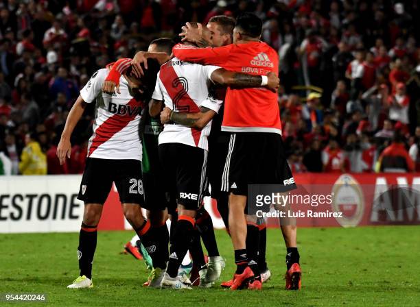 Players of River Plate celebrate after a group stage match between Independiente Santa Fe and River Plate as part of the Copa CONMEBOL Libertadores...