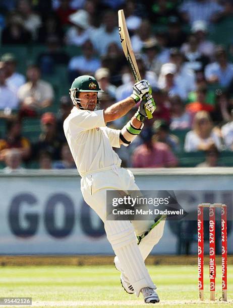 Ricky Ponting of Australia plays a pull shot during day three of the First Test match between Australia and Pakistan at Melbourne Cricket Ground on...