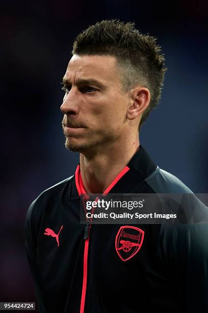 Laurent Koscielny of Arsenal FC looks on prior to the UEFA Europa League Semi Final second leg match between Atletico Madrid and Arsenal FC at...