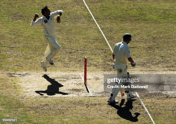 Saeed Ajmal of Pakistan bowls during day three of the First Test match between Australia and Pakistan at Melbourne Cricket Ground on December 28,...