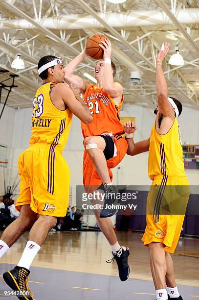 Yaroslav Korolev of the Albuquerque Thunderbirds goes strong to the basket against Ryan Forehan-Kelly of the Los Angeles D-Fenders at Toyota Sports...