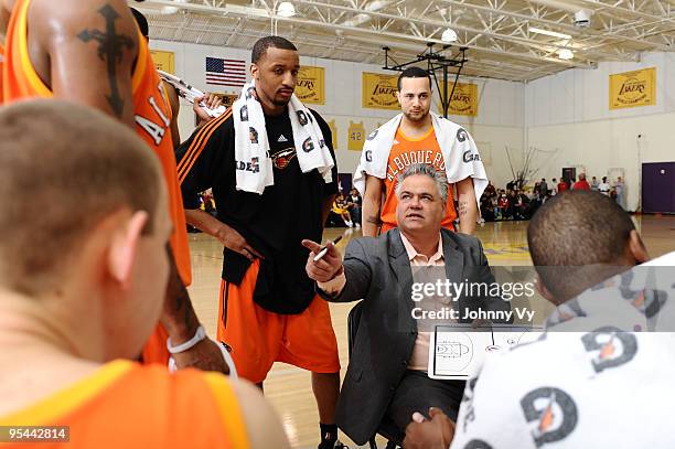 Head Coach John Coffino of the Albuquerque Thunderbirds directs his team during a timeout of a game against the Los Angeles D-Fenders at Toyota...