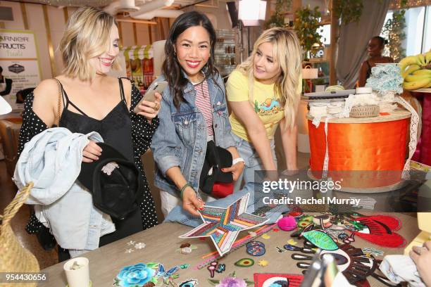 Amanda Montell, Sara Tan and Kirbie Johnson attend a 'Girls' Night In' hosted by Mandy Moore and Garnier at Hills Penthouse on May 3, 2018 in West...