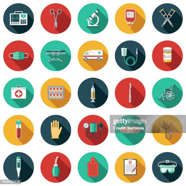 bildbanksillustrationer, clip art samt tecknat material och ikoner med medicinska förnödenheter platt design ikonuppsättning med side skugga - skyddskläder