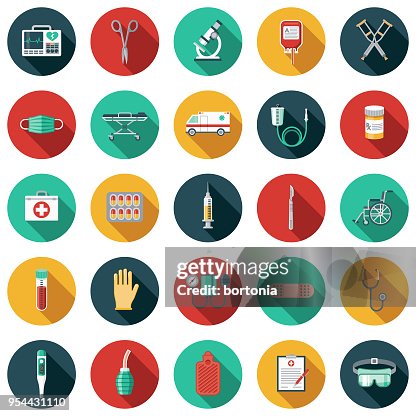 Medical Supplies Flat Design Icon Set with Side Shadow Medical Supplies Flat Design Icon Set with Side Shadow