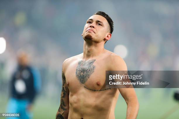 Lucas Ocampos of Marseille celebrates the victory during the Semi Final Second Leg Europa League match between RB Salzburg and Marseille at Red Bull...