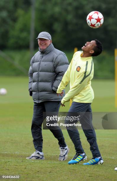 Manager Sir Alex Ferguson and Nani during the Manchester United training session ahead of the UEFA Champions League Final against Barcelona at the...