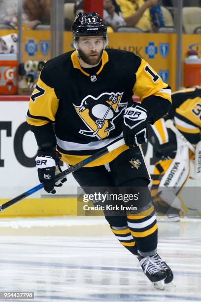 Bryan Rust of the Pittsburgh Penguins warms up prior to the start of Game Three of the Eastern Conference Second Round during the 2018 NHL Stanley...
