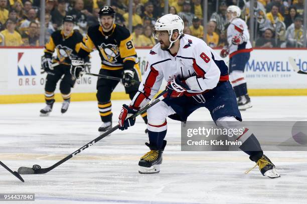 Alex Ovechkin of the Washington Capitals controls the puck in Game Three of the Eastern Conference Second Round during the 2018 NHL Stanley Cup...